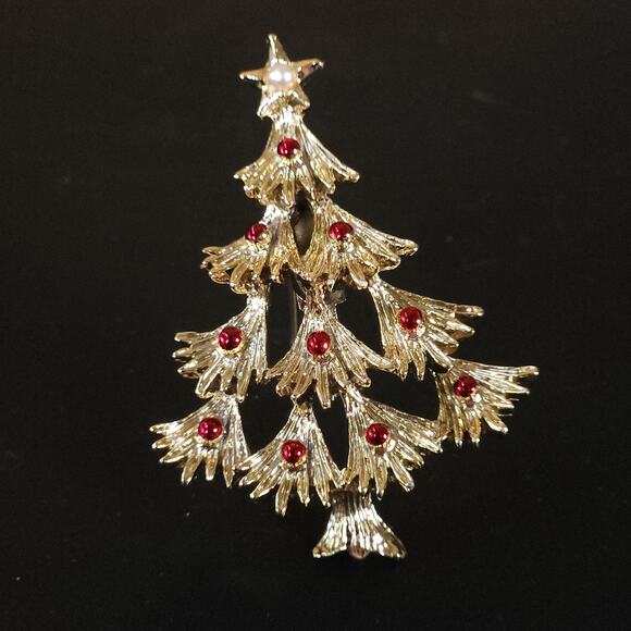 Festive Golden Christmas Tree Brooch, Vintage Christmas Themed Pin - Picture 1 of 10